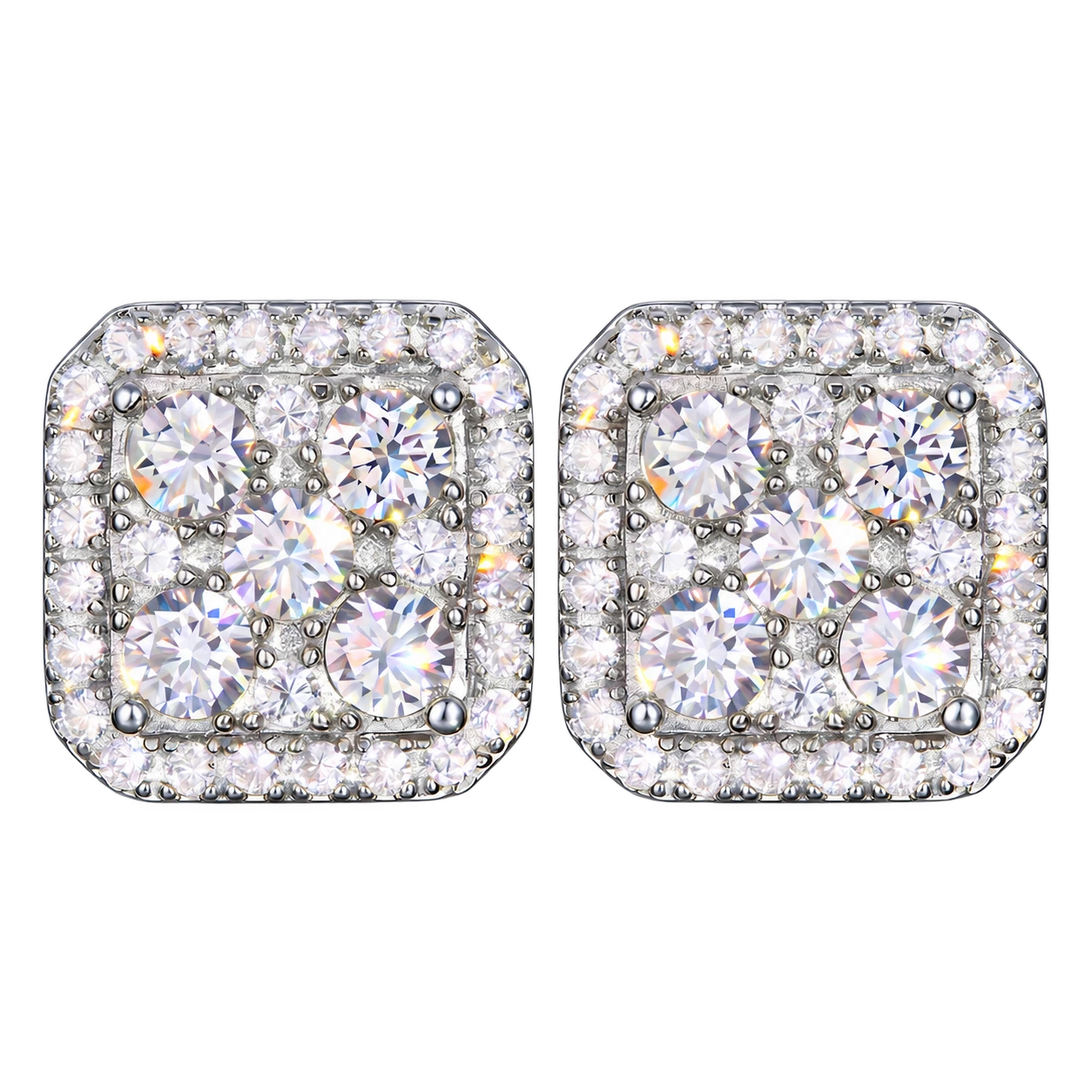 Square Full Iced Halo Moissanite Stud Earrings